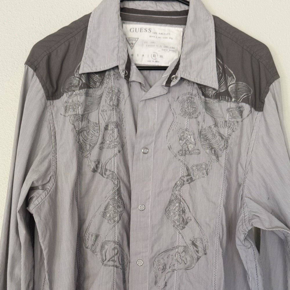 Guess Los Angeles Vintage Y2K Mens XL Dress Shirt Grey Snap Closure‎ Long Sleeve